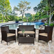 We researched the best walmart patio furniture options for your outdoor adding to the appeal of this patio furniture from walmart is the fact that the set is easy to assemble, according to reviewers. Gymax 4pcs Patio Rattan Outdoor Furniture Set W Cushioned Chair Loveseat Table Walmart Com Walmart Com