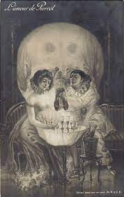 l amour de pierrot 1900年代はじめ頃のポストカード 髑髏が描かれた だまし絵 で ２人のピエロの頭は 目 握り合う手は 鼻 テーブルに置かれたグラスは 歯 に 未使用品 s だまし絵 ポストカード 錯覚アート