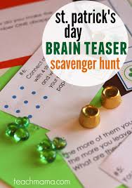 Patrick's day is all about the irish, the color green, leprechauns and shamrocks. St Patrick S Day Brain Teaser Scavenger Hunt Teach Mama