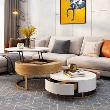 Modern Round Coffee Table With Storage Lift Top Wood Coffee Table With Rotatable Drawers In White Natural White Black Marble White In 2020 Round Coffee Table Modern Round Living Room Table Coffee Table