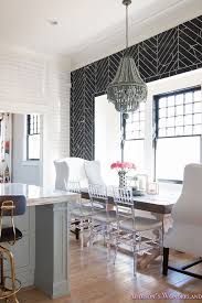 Breakfast Room Black Chevron Wall Tile White Wingback Dining Chairs Wood Table Clear Lucite Chairs Powd Wingback Dining Chair House Interior Wood Dining Chairs