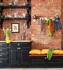 Black Cabinets With Old Red Brick Mmmmm Love Brick Kitchen Distressed Cabinets Brick Wall Kitchen