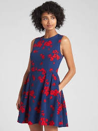 Petite Fit And Flare Floral Print Circle Dress In Navy Blue And Red Flowers Smooth Stretc Business Casual Dresses Womens Fashion Dresses Casual Circle Dress