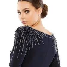 MAC DUGGAL LONG SLEEVE FAUX WRAP EMBELLISHED JERSEY MIDNIGHT NAVY GOWN sz 16