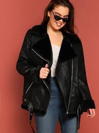 Plus Belted Hem Contrast Faux Fur Biker Jacket Shein Sheinside Faux Fur Biker Jacket Jackets Biker Jacket