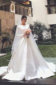 White Satin Modest Wedding Dresses With Long Sleeves Wedding In 2020 Long Sleeve Wedding Gowns Modest Wedding Dresses Satin Wedding Dress Ballgown