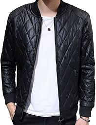 S S Mens Punk Stand Collar Solid Diamond Quilted Zpper