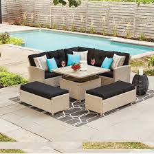 Create your own look or add space with outdoor tables of every size, shape and material, including full dining sizes and side tables. Style Selections Hampton Patio Dining Set Sectional Sofa 4 Piece Beige And Black Rona