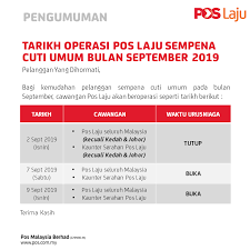 Waktu operasi channel pusat pos laju kuala lumpur sepanjang ramadhan. Pos Malaysia Berhad On Twitter Pengumuman Tarikh Operasi Pos Laju Sempena Cuti Umum Bulan September 2019 Https T Co Ybgb28irmz Twitter