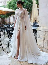 High Collar Cape Sleeve Lace Chiffon Bohemian Wedding Dress High Collar Wedding Dress Cape Wedding Dress Bohemian Wedding Dress