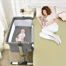 Amazon Com Baby Joy Baby Bedside Crib Portable Travel Sleeper Bed Side Bassinet W Carrying Bag Newborn Bassinet To Infant Kids Crib With Detachable Mattress Height Angle Adjustable Breathable Mesh Grey Baby