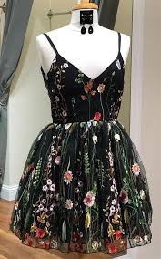 Cute Straps Embroidered Black Floral Homecoming Dress With Images Homecoming Dresses Short