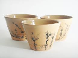 Three Pottery Cups With Herb Prints Ceramic Tea Cups With Etsy Pottery Cups Pottery Herb Prints