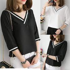 Nampak seperti pakaian kerja, atau baju untuk anak kuliahan. Kaos T Shirt Wanita Model Lengan 3 4 Dengan Kerah V Neck Dan Motif Garis Garis Warna Polos Shopee Indonesia