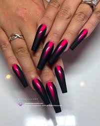 Pink And Black Acrylic Nail Ideas Book Your Next Nail Service Pampernailgallery Pink Black By Pamper Artist Keara T Pink Black Nails Coffin Nails Designs Luxury Nails