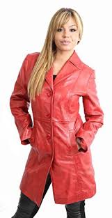 Womens 3 4 Long Leather Coat For Ladies Fitted Knee Length Macey Black Brown Red Medium Red Leather Coat Womens Long Leather Coat Leather Coat