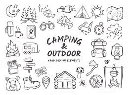 hand drawn camping and hiking elements isolated on white background 手のスケッチ キャンプ イラスト 手書き 文字 かわいい