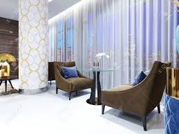 Glass table and 2 chairs , most of which are usually distinct varieties. A Table With Two Easy Chairs In The Lounge Area Of The Hotel Stock Photo Picture And Royalty Free Image Image 113378262