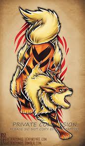 A watercolor leg tattoo of arcanine on top of a rock. Arcanine Tattoo Commission By Peregrinejazmin On Deviantart