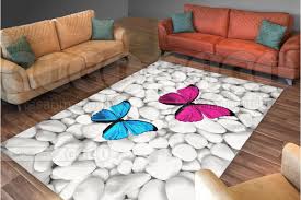 Beyaz Taslar Uzerinde Pembe Mavi Kelebekli Hali Ortusu Hali Nevresimi Contemporary Rug Decor Home Decor