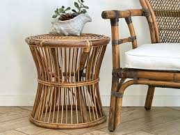 Spiral Bamboo Accent Table Round Woven Rattan Side Table Vintage Wicker Table Rattan Side Table Wicker Table