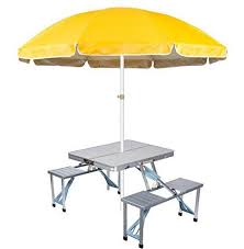 Portable Aluminum Folding Picnic Table With 4 Seats And Portable Umbrella Yellow By Trademark Innovations Folding Picnic Table Camping Furniture Picnic Table