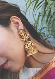 Lakshmi South Indian Temple Work Jhumka Paisley Pop Gold Temple Jewellery Jhumka White Pearl Earring