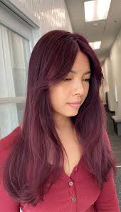 30 Radiant Red Hair Shades for Autumn : Deep Red Plum Long Hair with  Curtain Bangs