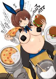 Rule 34 - 1girls Belly Big Belly Big Breasts Bloated Bloated Belly Breasts  Bunny Ears Eating Female Female Only Food Japanese Text Nipple Bulge  Orca0091 Overeating Pasties Pizza Plate Plates Solo Solo