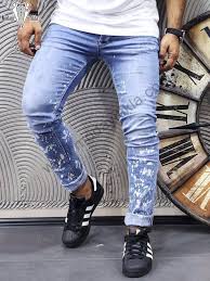 Erkek Kot Pantolon Boya Baskili Mavi Jeans Pantolon Erkek Kot Pantolon Erkek Moda