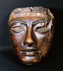 Wooden face to be attached to a coffin, eyes and brows originally inlaid.  New Kingdom, 18th Dynasty, ca. 1550-1292 BC. Now in the British Museum.