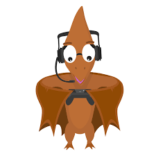Cartoon pterodactyl wearing headphones and holding a game controller