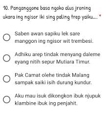 Soal bahasa jawa pilihan ganda. Soal Pilihan Ganda Yang Pintar Bahasa Jawa Tolong Dibantu Semoga Bermanfaat Bagi Kalian Brainly Co Id
