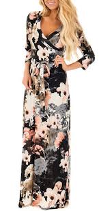 Landove Vestito Lungo Elegante Donna Cerimonia Abito Maniche 3 4 Vestiti Stampa Floreale Scollo A V Casual Mode Bohemian Abiti Da Spiaggia Sera Cocktail Maxi Dress Faceshopping