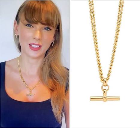 taylorswift at the iHeartRadio Awards | April 1, 2024 @tillysveaas 'Gold  T-Bar Curb Link Necklace' - $385.00 (starting) @jacquieaiche 'Pavé Diamond  Letter Mini Hoop' - $650.00 To accept three of