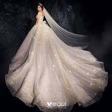 Fit and flare wedding dresses. Bling Bling Champagne Wedding Dresses 2019 A Line Princess Off The Shoulder Short Sleeve Backless Appliques
