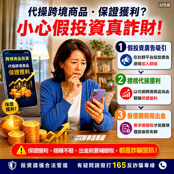 代操跨境商品假投資宣導 (由 AI 生成)