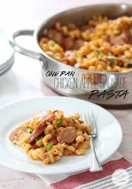 Step 2 stir onion, pinch of salt, and pinch of pepper in with the sausages. One Pan Chicken Apple Sausage Pasta Inspired By Charm Chicken Sausage Recipes Chicken Apple Sausage Sausage Recipes