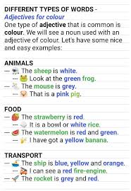 Different Types Of Words Adjectives For Colour Learn English English Grammar For Kids English Language Learning
