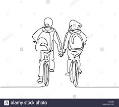 Durchgehende Linie Zeichnen Junge Und Madchen Radfahren Zur Schule Halten Sich An Den Handen Vector Illustration Stock Vektorgrafik Alamy