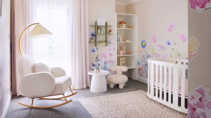 Cozy nursery with convertible crib and modular furniture