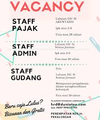 Lowongan guru‏ @lowonganguru 1 февр. Lowongan Kerja Duniatex Group Staff Pajak Staff Admin Staff Gudang Pekalongan Bursa Lowongan Kerja