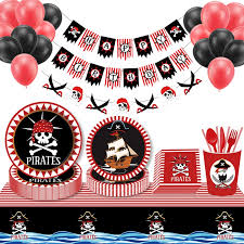 Pirate birthday party decorations with pirate temporary tattoo banner pirate ship boat balloons for children 1st 2nd 3rd 4th 5th 6th 10th pirate themed parties birthday supplies 4.3 out of 5 stars 52 $15.99 $ 15. Pirate Party Decorations Red Striped Cartoon Skull Pirate Ship Diy Decorations For Kids Birthday Halloween Party Cosplay Decor Party Diy Decorations Aliexpress