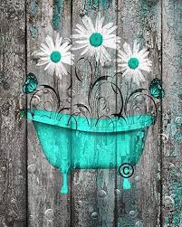 Rustic Modern Wall Decor Daisy Flowers Butterflies Turquoise Grey Farmhouse Bathroom 8x10 Inch Pict Turquoise Bathroom Wall Decor Amazon Bathroom Wall Decor