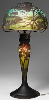Daum Frères Nancy, Nancy, ca. 1910.A Daum Frères glass table lamp with  etched Rhine river landscape decor.