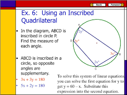 A quadrilateral inscribed in a circle (also called cyclic quadrilateral) is a quadrilateral with four vertices on the circumference of a circle. Ppt 10 3 Inscribed Angles Powerpoint Presentation Free Download Id 399166