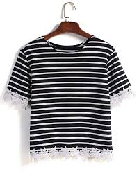 Black And Grey Striped Shirt Womens Striped Lace Embellished T Shirt Striped Shirt Women Embellished Shirt Black And White T Shirts