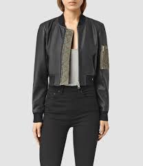 Allsaints Us Womens Wells Leather Bomber Jacket Black Khaki Green Leather Flight Jacket Denim Bomber Jacket Jackets