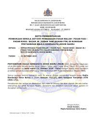 Contextual translation of peniaga pasar into english. Notis Pemberitahuan Pembukaan Semula Aktiviti Perniagaan Pasar Malam Pasar Pagi Pasar Khas Bazar Jb Pasar Tani Bukan Ptk Di Kawasan Pentadbiran Mbjb Mulai 21 Oktober 2020 Official