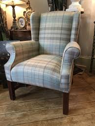 Sandersons Fire Side Wing Back Chair In Finest Wool Check Tartan Duck Egg Cream Arm Chairs Living Room Living Room Chairs Living Room Bench